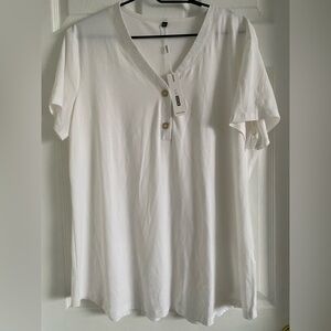 White Short Sleeve Buttoned V-Neck Tee